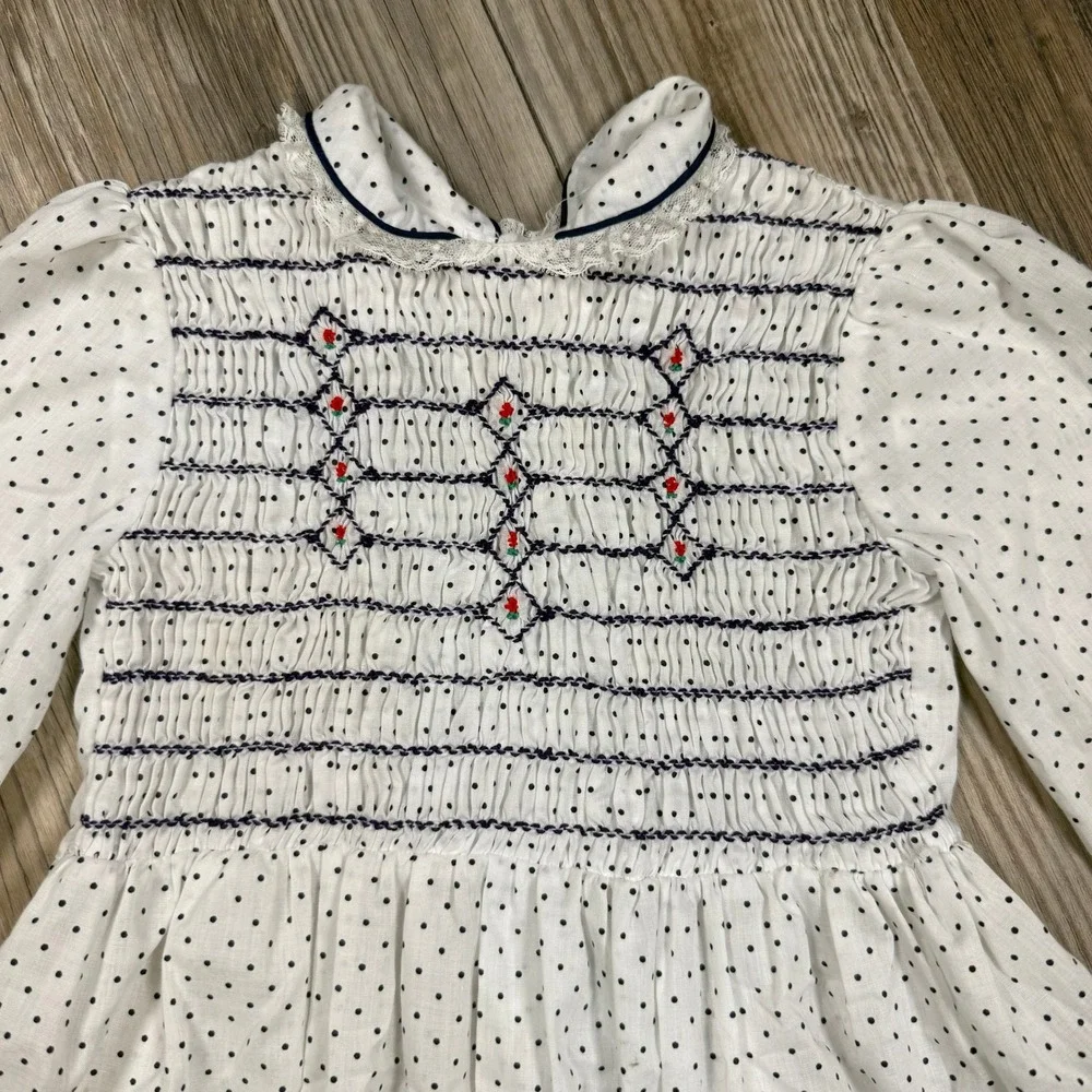 Vintage Coquette Southern Belle Hand Smocked Polka Dot Dress White Black Girls 6